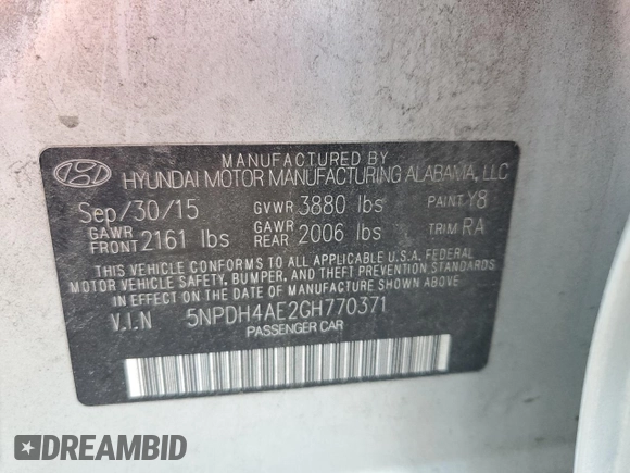 2016 Hyundai Elantra SE with VIN 5NPDH4AE2GH770371, listed as a Copart auction lot 61814115 with 88,238 mi miles and Salvage title. Bid and sale history available at DreamBid. Image 12.