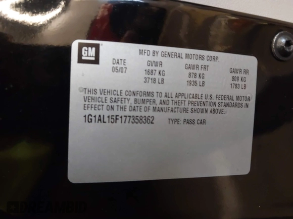 2007 Chevrolet Cobalt LT z VIN 1G1AL15F177358362, wystawiony jako IAAI lot #41709850 z przebiegiem 168 175 mil mil oraz . Historia ofert i sprzedaży dostępna na DreamBid. Obrazek 9.