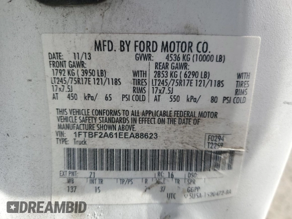 2014 Ford Super Duty F-250 SRW XL with VIN 1FTBF2A61EEA88623, listed as a Copart auction lot 44468835 with 280,258 mi miles and Salvage Title. Bid and sale history available at carsss.com. Image 13.