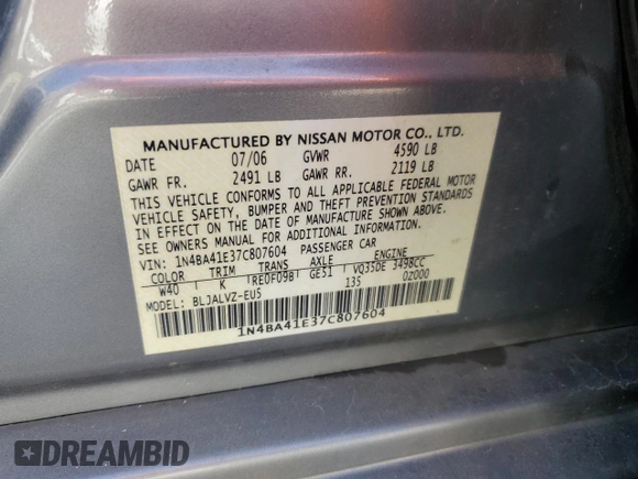 2007 Nissan Maxima 3.5 SE with VIN 1N4BA41E37C807604, listed as a Copart auction lot 49648385 with 123,607 mi miles and Clean Title. Bid and sale history available at carsss.com. Image 13.