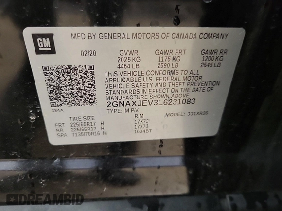 2020 Chevrolet Equinox LT с VIN 2GNAXJEV3L6231083, выставлен на аукционе IAAI как лот 42273690 с пробегом 83 902 миль миль и . История ставок и продаж доступна на DreamBid. Изображение 1.