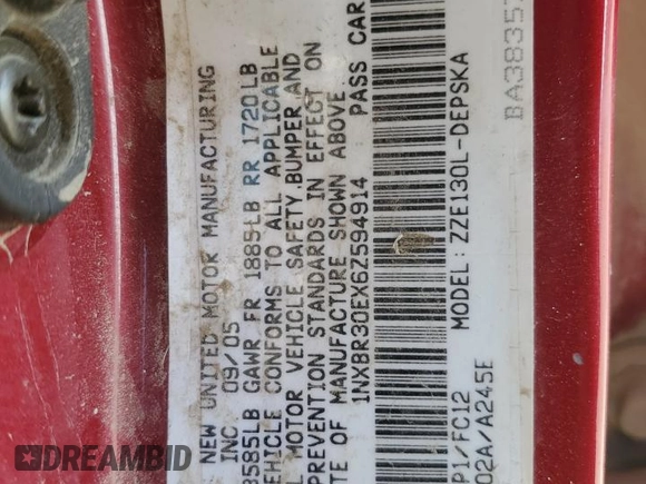 2006 Toyota Corolla CE with VIN 1NXBR30EX6Z594914, listed as a Copart auction lot 53319035 with 174,886 mi miles and Salvage Title. Bid and sale history available at DreamBid. Image 12.