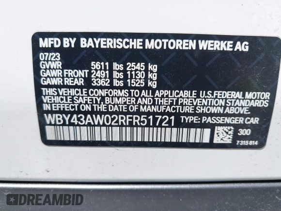 2024 BMW i4 eDrive35 z VIN WBY43AW02RFR51721, wystawiony jako IAAI lot #40336142 z przebiegiem 20 090 mil mil oraz . Historia ofert i sprzedaży dostępna na DreamBid. Obrazek 9.