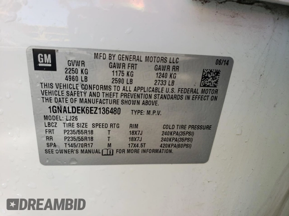 2014 Chevrolet Equinox LTZ with VIN 1GNALDEK6EZ136480, listed as a Copart auction lot 51083495 with 128,111 mi miles and Salvage Title. Bid and sale history available at carsss.com. Image 13.