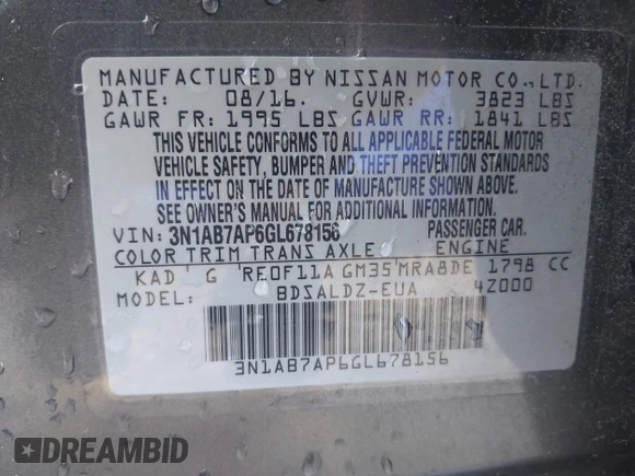 2016 Nissan Sentra SR with VIN 3N1AB7AP6GL678156, listed as a IAAI auction lot 41911145 with 139,721 mi miles and . Bid and sale history available at DreamBid. Image 9.