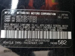 2016 Mitsubishi Lancer GT with VIN JA32U8FW8GU006332, listed as a Copart auction lot 52399055 with 163,893 mi miles and Non Repairable. Bid and sale history available at carsss.com. Image 14.