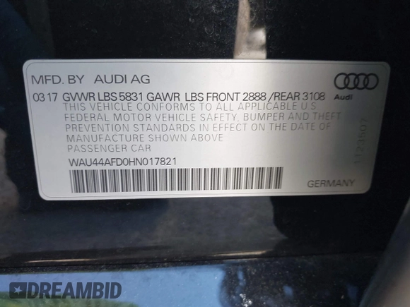 2017 Audi A8 with VIN WAU44AFD0HN017821, listed as a IAAI auction lot 41676097 with 107,378 mi miles and . Bid and sale history available at DreamBid. Image 9.