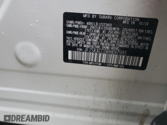 2024 Subaru Forester Premium z VIN JF2SKACC0RH497985, wystawiony jako Copart lot #55878105 z przebiegiem 11 503 mil mil oraz Szkoda całkowita • Salvage title. Historia ofert i sprzedaży dostępna na DreamBid. Obrazek 13.