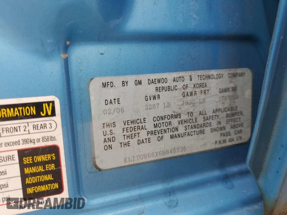 2006 Chevrolet Aveo LT with VIN KL1TG666X6B645735, listed as a Copart auction lot 51172155 with 140,489 mi miles and Salvage title. Bid and sale history available at DreamBid. Image 14.