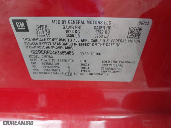 2014 Chevrolet Silverado 1500 LT with VIN 1GCRCREC4EZ355486, listed as a IAAI auction lot 39520903 with 160,448 mi miles. Bid and sale history available at carsss.com. Image 9.