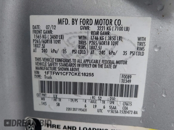 2012 Ford F-150 XL with VIN 1FTFW1CF7CKE18255, listed as a IAAI auction lot 41506688 with 243,624 mi miles. Bid and sale history available at carsss.com. Image 9.