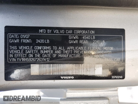 2007 Volvo S60 2.5L Turbo with VIN YV1RH592672631412, listed as a Copart auction lot 49522835 with 286,491 mi miles and Clean Title. Bid and sale history available at carsss.com. Image 12.