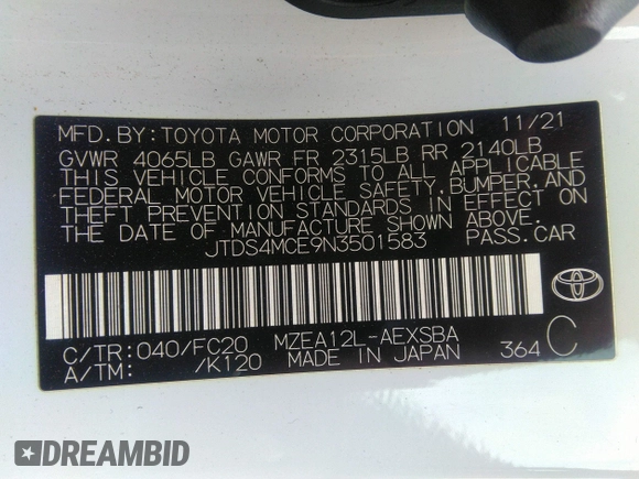 2022 Toyota Corolla SE with VIN JTDS4MCE9N3501583, listed as a IAAI auction lot 41525742 with 172,601 mi miles. Bid and sale history available at carsss.com. Image 9.