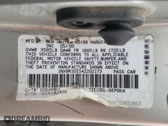 2004 Toyota Corolla CE with VIN 1NXBR32E54Z202173, listed as a Copart auction lot 55756845 with 166,700 mi miles and Salvage Title. Bid and sale history available at DreamBid. Image 12.