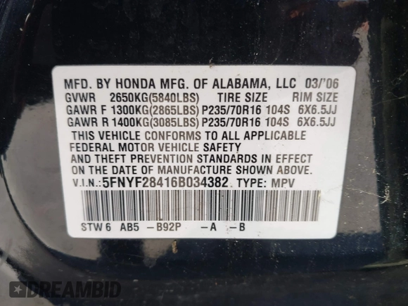 2006 Honda Pilot EX with VIN 5FNYF28416B034382, listed as a IAAI auction lot 41950405 with 176,437 mi miles and . Bid and sale history available at DreamBid. Image 9.