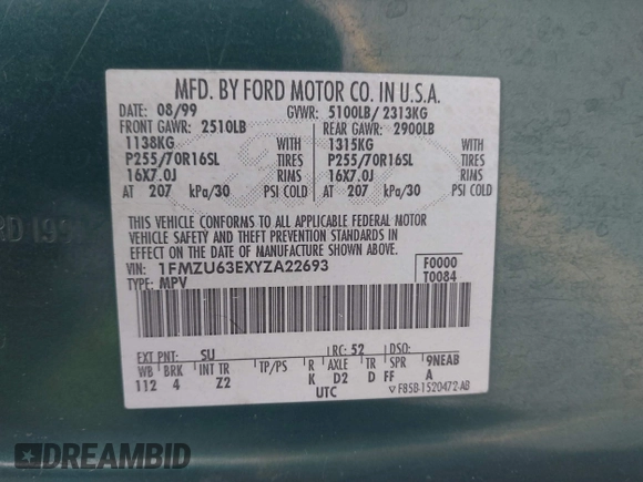 2000 Ford Explorer XLT z VIN 1FMZU63EXYZA22693, wystawiony jako IAAI lot #41350520 z przebiegiem 244 843 mil mil oraz . Historia ofert i sprzedaży dostępna na DreamBid. Obrazek 9.