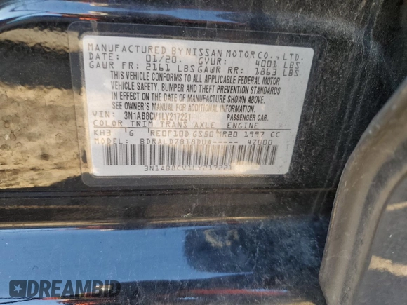 2020 Nissan Sentra SV with VIN 3N1AB8CV1LY217221, listed as a Copart auction lot 48019455 with 60,228 mi miles and Salvage Title. Bid and sale history available at carsss.com. Image 12.