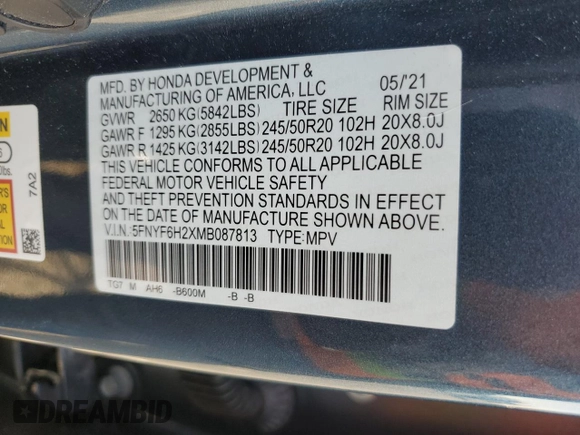 2021 Honda Pilot Special Edition with VIN 5FNYF6H2XMB087813, listed as a Copart auction lot 42349765 with 31,189 mi miles and Salvage Title. Bid and sale history available at DreamBid. Image 15.