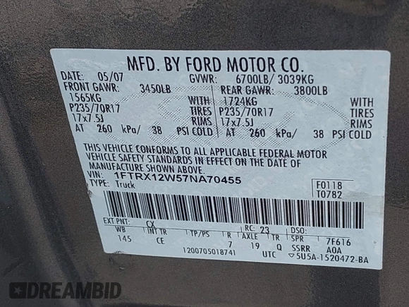 2007 Ford F-150 STX with VIN 1FTRX12W57NA70455, listed as a IAAI auction lot 42648613 with 295,961 mi miles and . Bid and sale history available at DreamBid. Image 9.