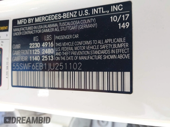 2018 Mercedes-Benz C 43 AMG with VIN 55SWF6EB1JU251102, listed as a IAAI auction lot 41433415 with 67,972 mi miles and . Bid and sale history available at carsss.com. Image 9.