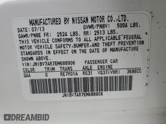 2014 Infiniti Q50 Premium z VIN JN1BV7AR7EM688906, wystawiony jako Copart lot #62562885 z przebiegiem 95 548 mil mil oraz Szkoda całkowita • Salvage title. Historia ofert i sprzedaży dostępna na DreamBid. Obrazek 12.