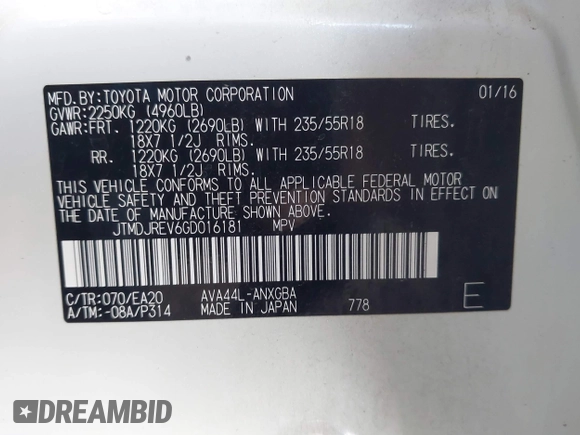 2016 Toyota RAV4 Limited with VIN JTMDJREV6GD016181, listed as a IAAI auction lot 41616922 with 95,037 mi miles and . Bid and sale history available at DreamBid. Image 9.
