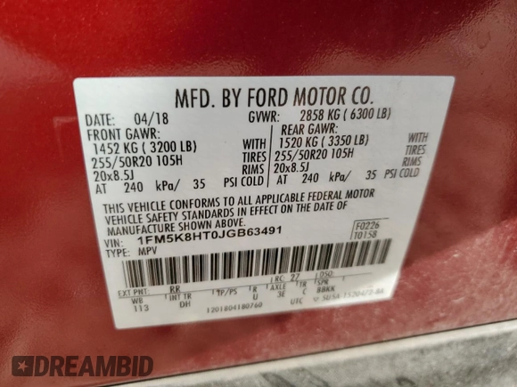 2018 Ford Explorer Platinum with VIN 1FM5K8HT0JGB63491, listed as a Copart auction lot 80154764 with 69,460 mi miles and Salvage Title. Bid and sale history available at carsss.com. Image 15.