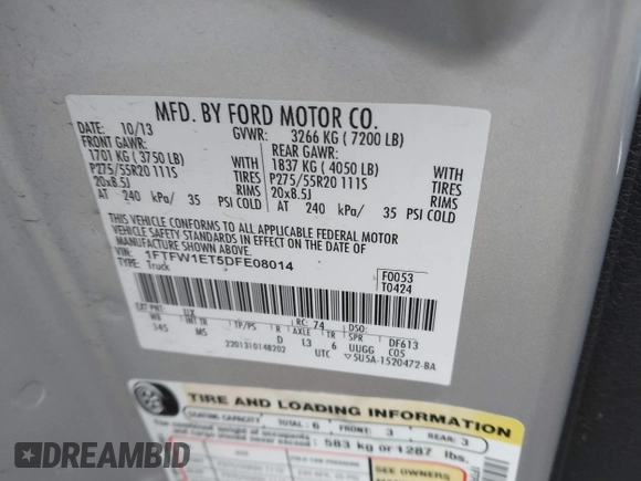 2013 Ford F-150 XL with VIN 1FTFW1ET5DFE08014, listed as a IAAI auction lot 41690487 with 171,644 mi miles. Bid and sale history available at carsss.com. Image 9.