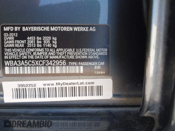 2012 BMW 3 Series 328i with VIN WBA3A5C5XCF342956, listed as a IAAI auction lot 42167647 with 154,972 mi miles and . Bid and sale history available at carsss.com. Image 9.