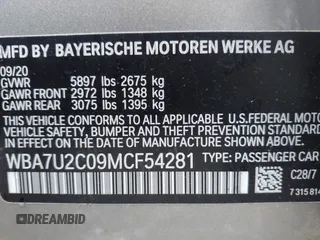 2021 BMW 7 Series 750i xDrive with VIN WBA7U2C09MCF54281, listed as a IAAI auction lot 41725986 with Not provided miles and . Bid and sale history available at DreamBid. Image 9.