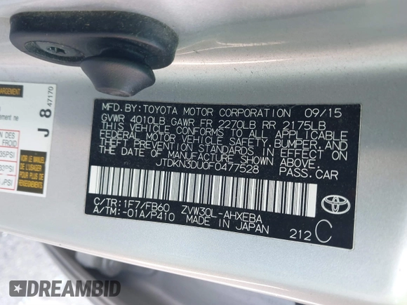 2015 Toyota Prius Four with VIN JTDKN3DU0F0477528, listed as a IAAI auction lot 41761325 with 140,156 mi miles. Bid and sale history available at carsss.com. Image 9.