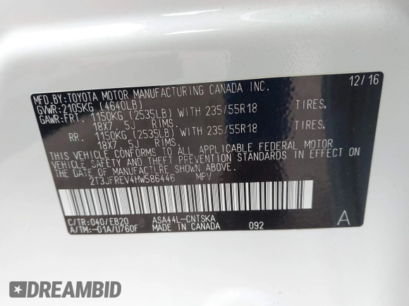 2017 Toyota RAV4 SE with VIN 2T3JFREV4HW586446, listed as a IAAI auction lot 42582715 with 150,882 mi miles and . Bid and sale history available at DreamBid. Image 9.