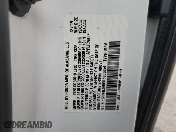 2020 Honda Odyssey Elite with VIN 5FNRL6H95LB035854, listed as a Copart auction lot 53243425 with 40,598 mi miles and Salvage Title. Bid and sale history available at DreamBid. Image 15.