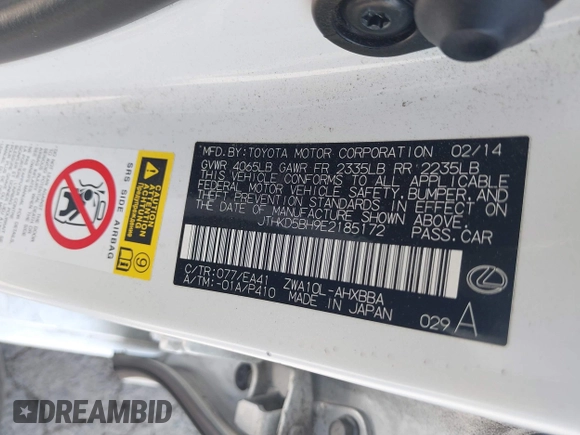 2014 Lexus CT 200h with VIN JTHKD5BH9E2185172, listed as a IAAI auction lot 42174666 with 109,325 mi miles and . Bid and sale history available at DreamBid. Image 9.