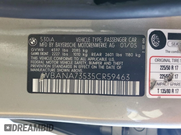2005 BMW 5 Series 530i with VIN WBANA73535CR59463, listed as a Copart auction lot 67878994 with 147,052 mi miles and Salvage Title. Bid and sale history available at DreamBid. Image 13.