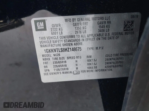 2017 GMC Acadia SLE с VIN 1GKKNTLS8HZ148675, выставлен на аукционе IAAI как лот 42745107 с пробегом 46 641 миль миль и . История ставок и продаж доступна на DreamBid. Изображение 9.