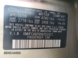 2009 Hyundai Azera GLS with VIN KMHFC46D99A352421, listed as a Copart auction lot 56796815 with 56,104 mi miles and Clean title. Bid and sale history available at DreamBid. Image 12.