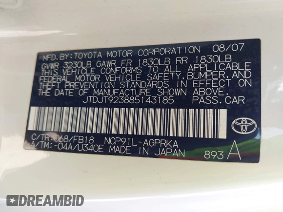 2008 Toyota Yaris с VIN JTDJT923885143185, выставлен на аукционе IAAI как лот 42447901 с пробегом 166 286 миль миль и . История ставок и продаж доступна на DreamBid. Изображение 6.