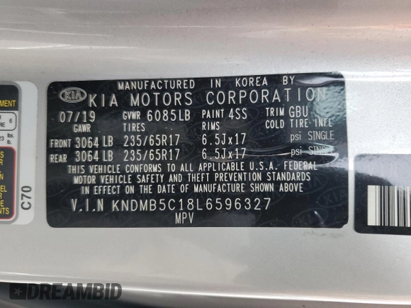 2020 Kia Sedona LX with VIN KNDMB5C18L6596327, listed as a Copart auction lot 59417774 with 39,078 mi miles and Salvage Title. Bid and sale history available at carsss.com. Image 13.