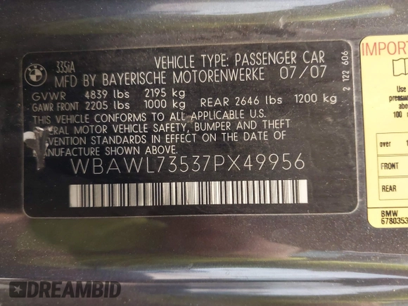 2007 BMW 3 Series 335i with VIN WBAWL73537PX49956, listed as a IAAI auction lot 42571466 with 133,189 mi miles and . Bid and sale history available at DreamBid. Image 9.