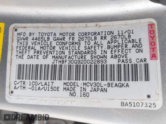 2002 Lexus ES 300 with VIN JTHBF30G920022893, listed as a IAAI auction lot 42470255 with 227,033 mi miles and . Bid and sale history available at DreamBid. Image 9.