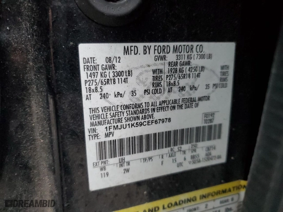 2012 Ford Expedition Limited with VIN 1FMJU1K59CEF67978, listed as a Copart auction lot 44080175 with 189,172 mi miles and Salvage Title. Bid and sale history available at carsss.com. Image 13.