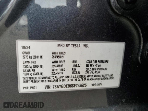 2025 Tesla Model Y Long Range with VIN 7SAYGDED6SF228626, listed as a Copart auction lot 47654525 with 2,087 mi miles and Salvage Title. Bid and sale history available at DreamBid. Image 13.