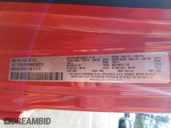 2022 Jeep Wrangler Unlimited Sport Altitude with VIN 1C4HJXDN4NW150373, listed as a Copart auction lot 62180925 with 39,308 mi miles and Salvage title. Bid and sale history available at DreamBid. Image 13.