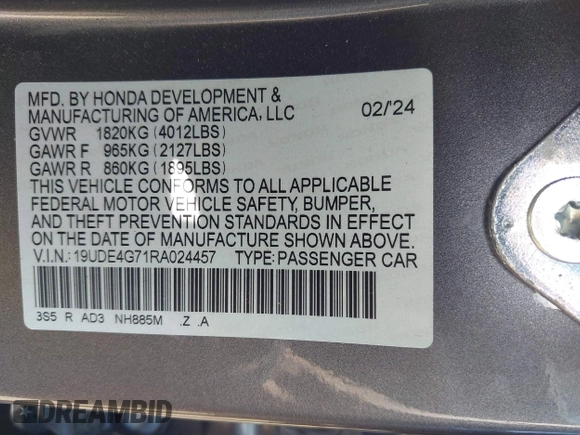 2024 Acura Integra Technology with VIN 19UDE4G71RA024457, listed as a IAAI auction lot 42244320 with 8,778 mi miles and . Bid and sale history available at DreamBid. Image 9.