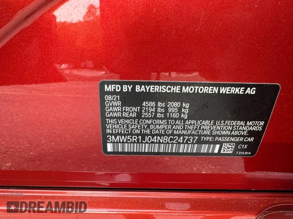 2022 BMW 3 Series 330i with VIN 3MW5R1J04N8C24737, listed as a Copart auction lot 60651665 with 59,638 mi miles and Clean title. Bid and sale history available at DreamBid. Image 10.