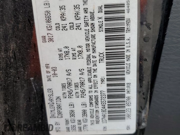 2004 Dodge 1500 SLT with VIN 1D7HA18D44S572377, listed as a Copart auction lot 54148585 with 264,812 mi miles and Salvage Title. Bid and sale history available at DreamBid. Image 12.