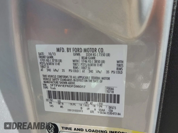 2013 Ford F-150 XL с VIN 1FTFW1EF6DFD99317, выставлен на аукционе IAAI как лот 42150553 с пробегом 129 367 миль миль и . История ставок и продаж доступна на DreamBid. Изображение 9.