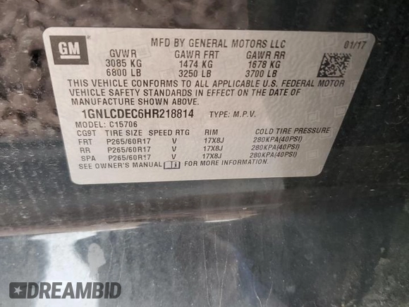 2017 Chevrolet Tahoe Commercial with VIN 1GNLCDEC6HR218814, listed as a Copart auction lot 45400795 with 105,281 mi miles and Salvage title. Bid and sale history available at DreamBid. Image 12.
