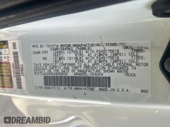 2013 Toyota Tacoma PreRunner with VIN 5TFTU4GN5DX036659, listed as a Copart auction lot 45336295 with 82,694 mi miles and Clean Title. Bid and sale history available at carsss.com. Image 10.